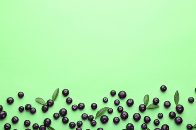 Fresh acai berries and leaves on green background, flat lay. Space for text