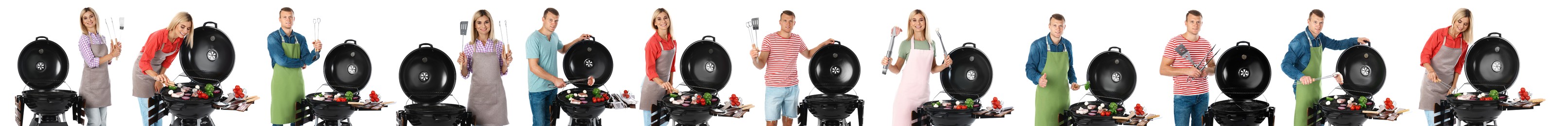 Image of Collage with photos of man and woman cooking on barbecue grill against white background. Banner design