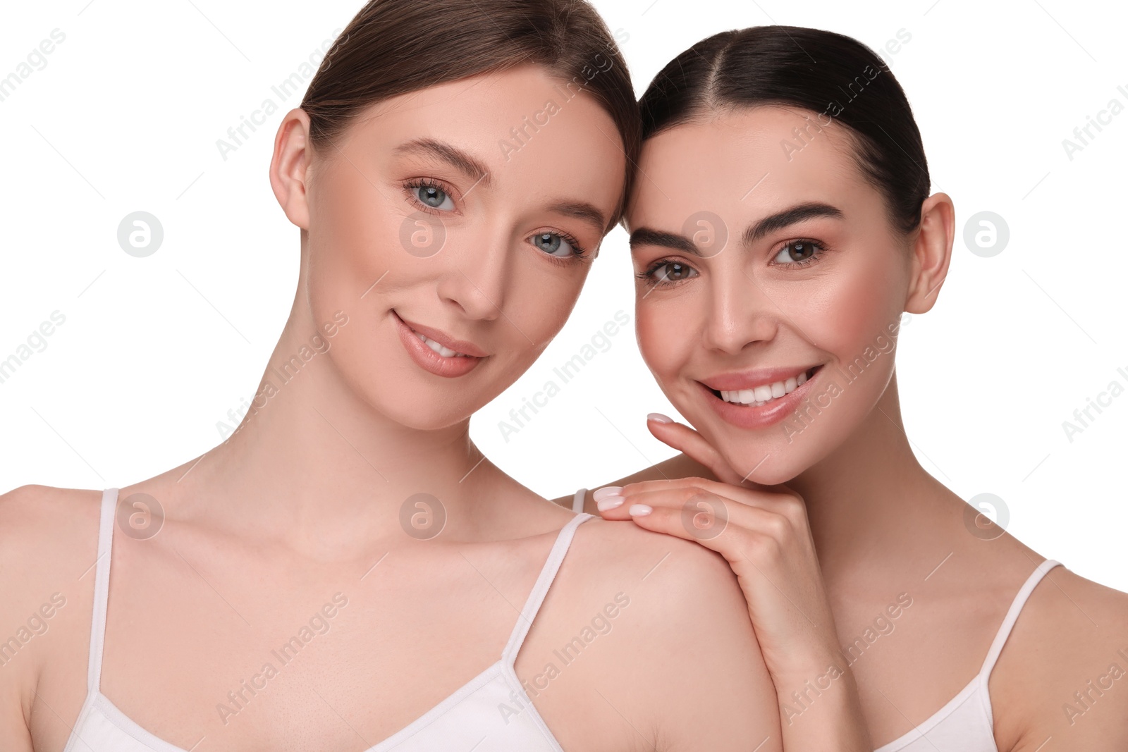 Photo of Beautiful young women with healthy skin on white background