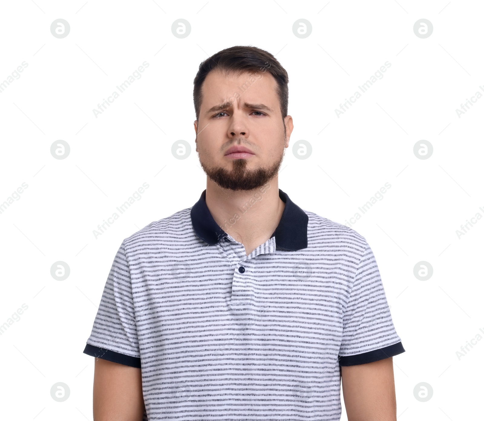 Photo of Portrait of sad man on white background