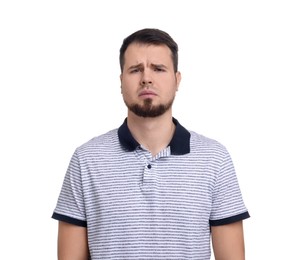 Portrait of sad man on white background