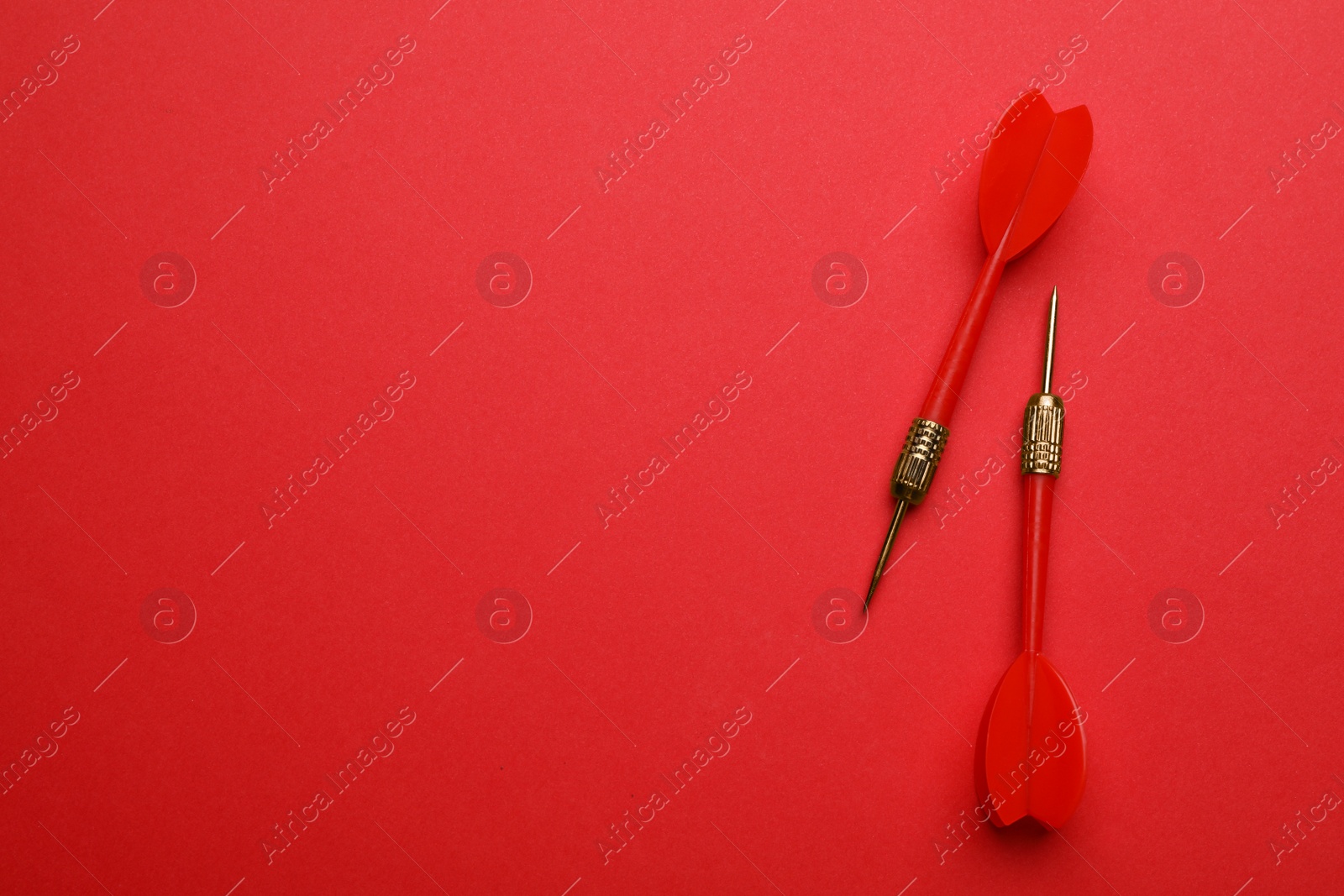 Photo of Plastic dart arrows on red background, flat lay with space for text