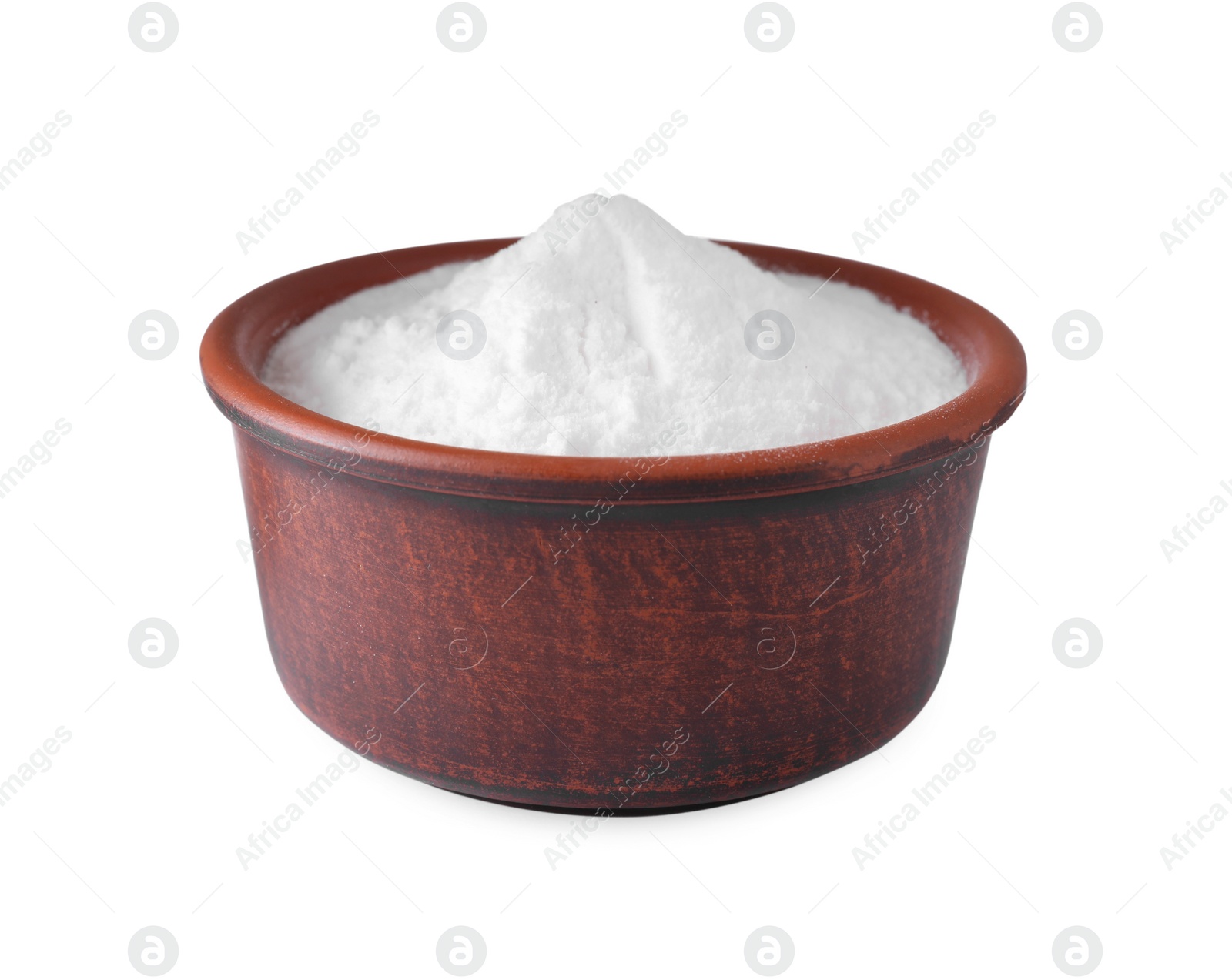 Photo of Bowl of sweet fructose powder isolated on white