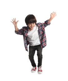 Cute little boy jumping on white background
