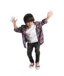 Photo of Cute little boy jumping on white background