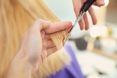 Photo of Professional hairdresser working with client in salon