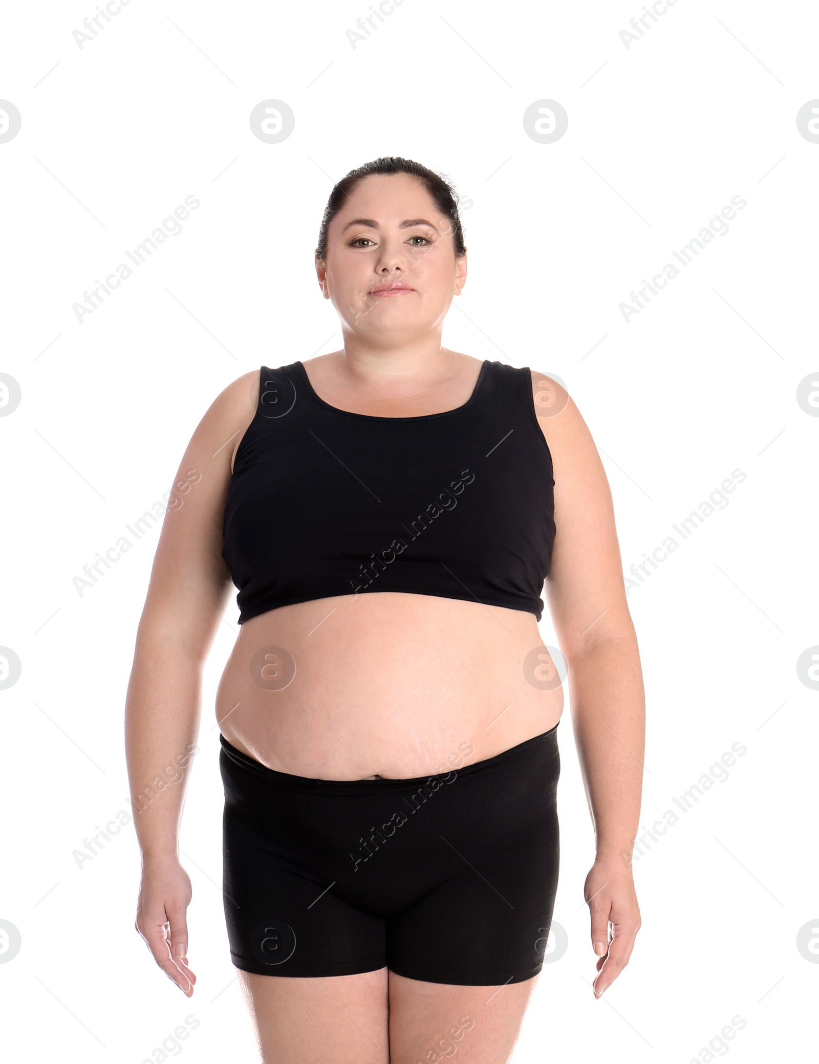 Photo of Fat woman on white background. Weight loss