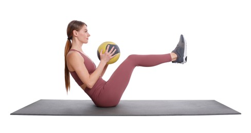 Photo of Athletic woman doing exercise with medicine ball isolated on white