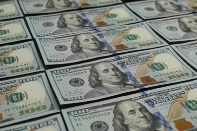 Photo of Money exchange. Dollar banknotes as background, closeup