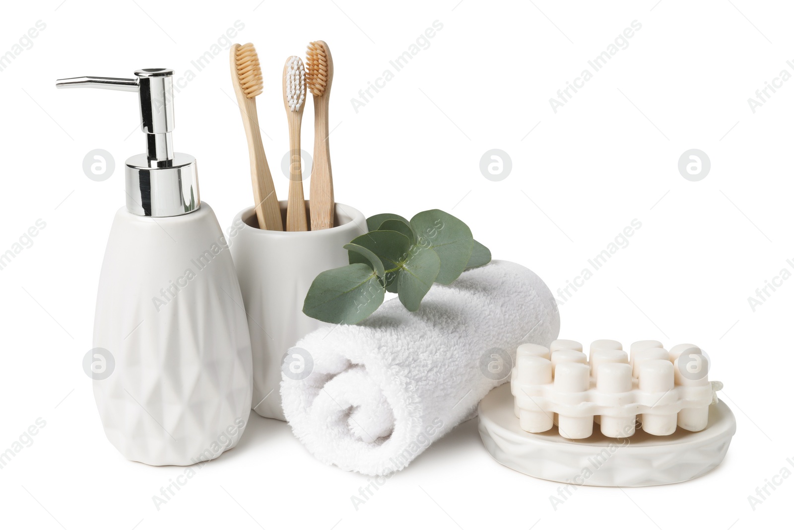 Photo of Bath accessories. Set of different personal care products and eucalyptus leaves isolated on white