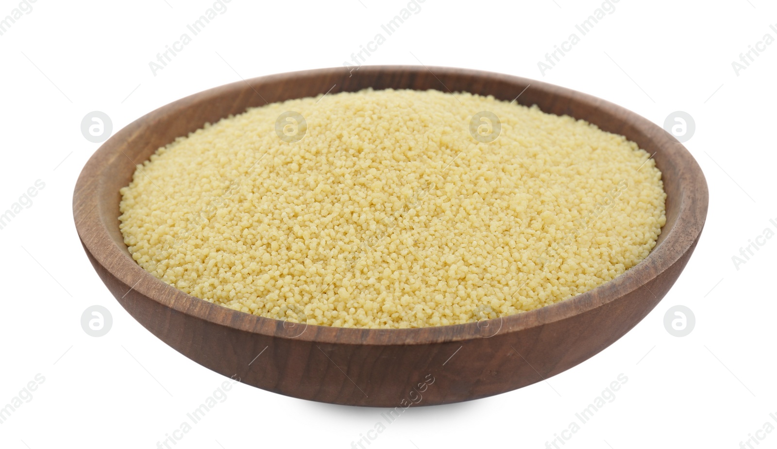 Photo of Bowl of raw couscous isolated on white