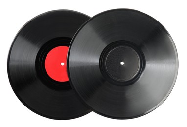 Black vintage vinyl records on white background