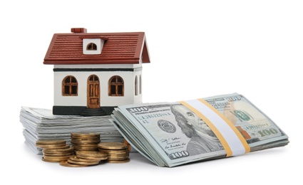 House model with money on white background