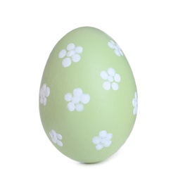 Photo of Painted green egg with flower pattern isolated on white. Happy Easter