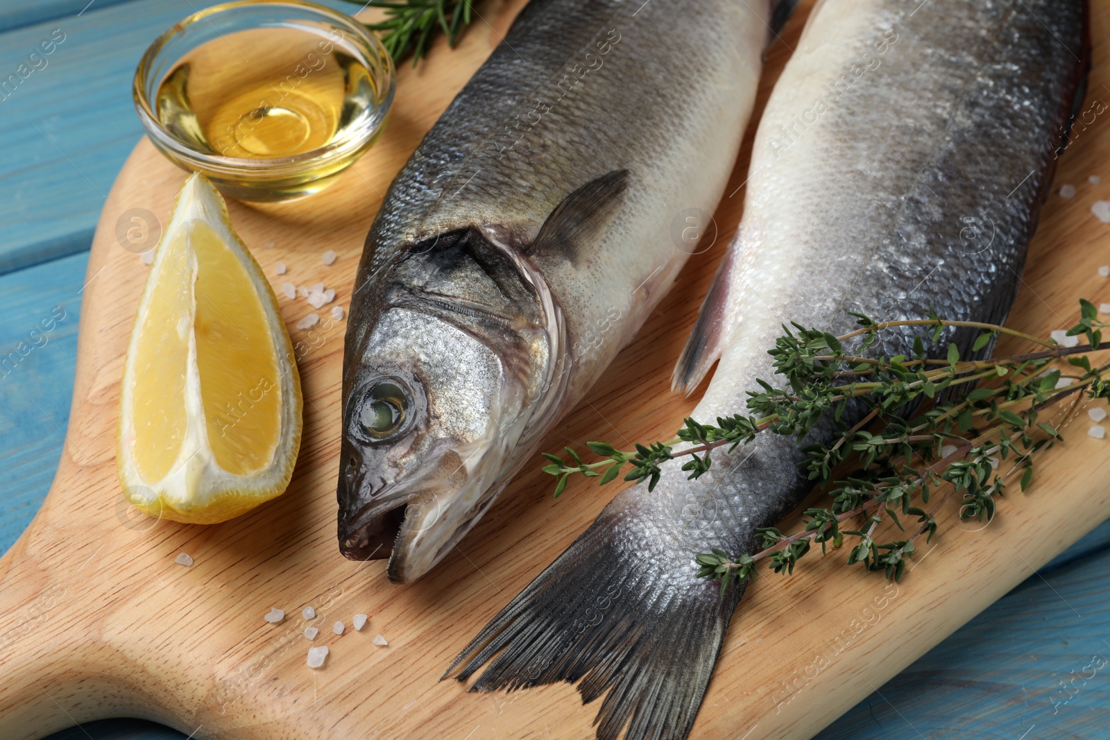 Photo of Sea bass fish and ingredients on light blue wooden table, closeup