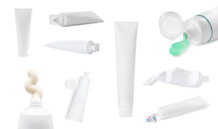 Image of Collage with different toothpastes on white background