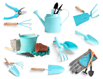 Set of different gardening tools on white background