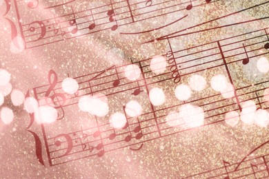 Glittery sheet with music notes as background, closeup. Bokeh and color tone effects