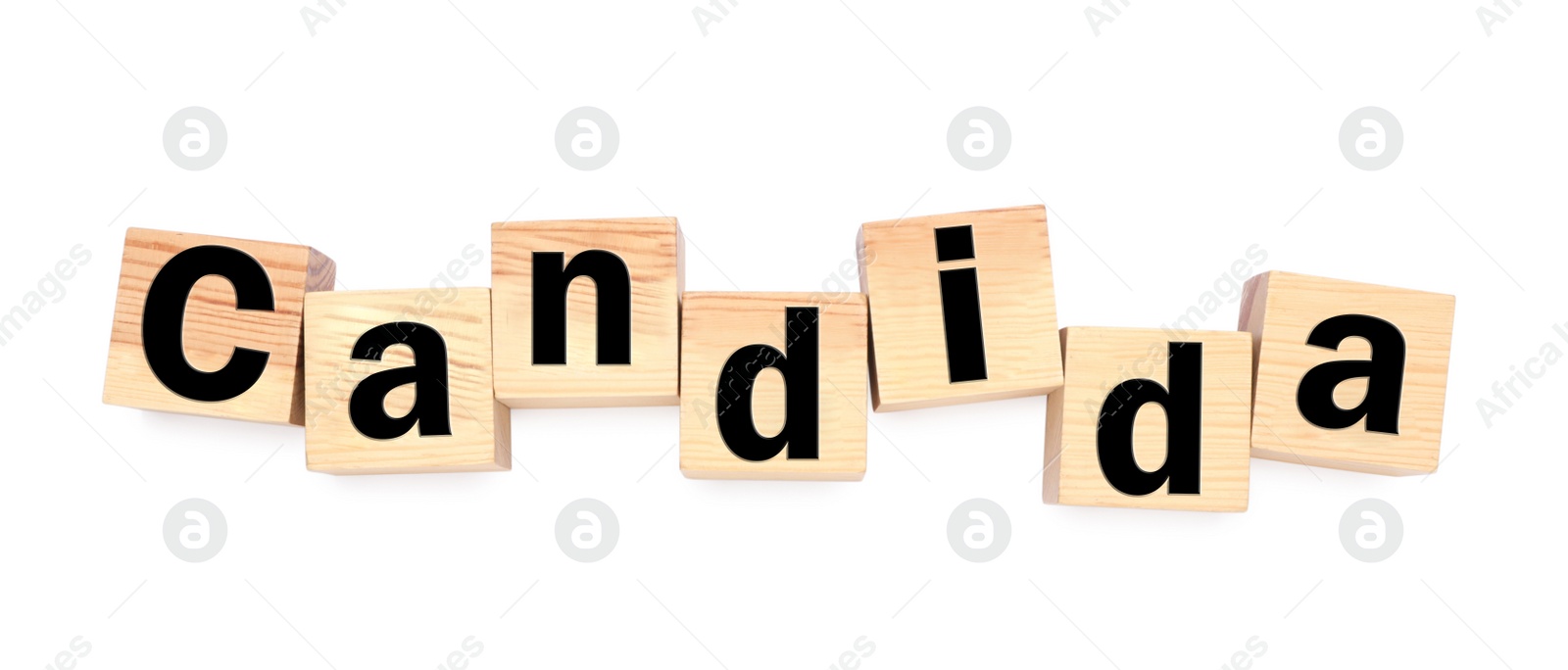 Image of Wooden cubes with word Candida on white background, top view