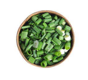 Cut green spring onion in wooden bowl isolated on white, top view