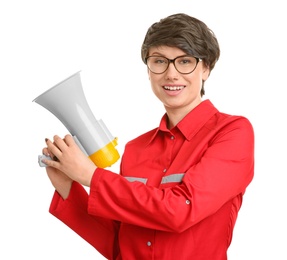 Young female doctor with megaphone on white background