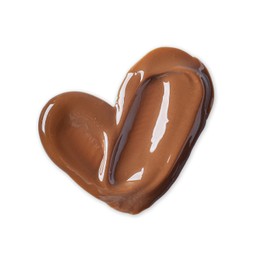 Photo of Heart shaped smear of tasty milk chocolate paste isolated on white, top view