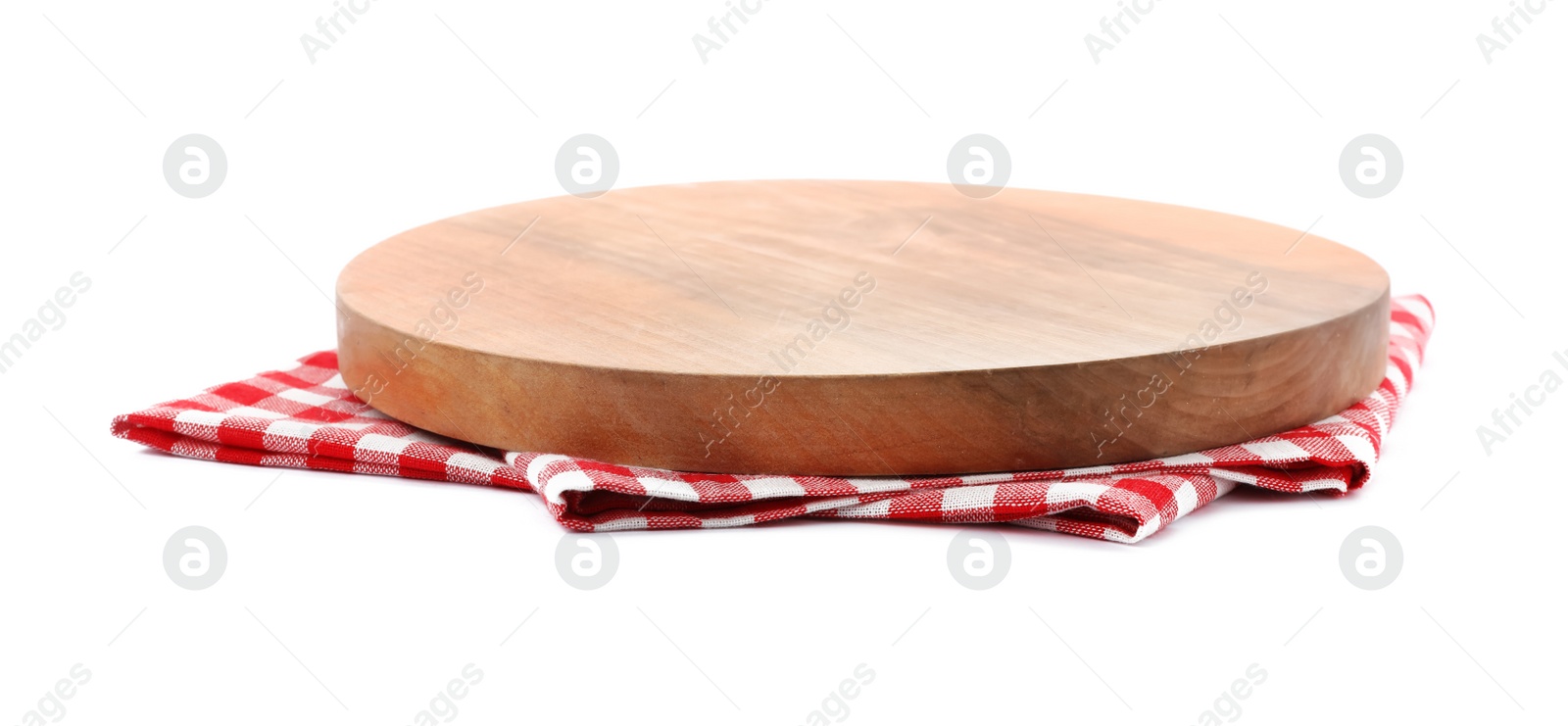 Photo of Wooden board on white background. Kitchen utensil