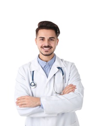 Young medical student in uniform on white background