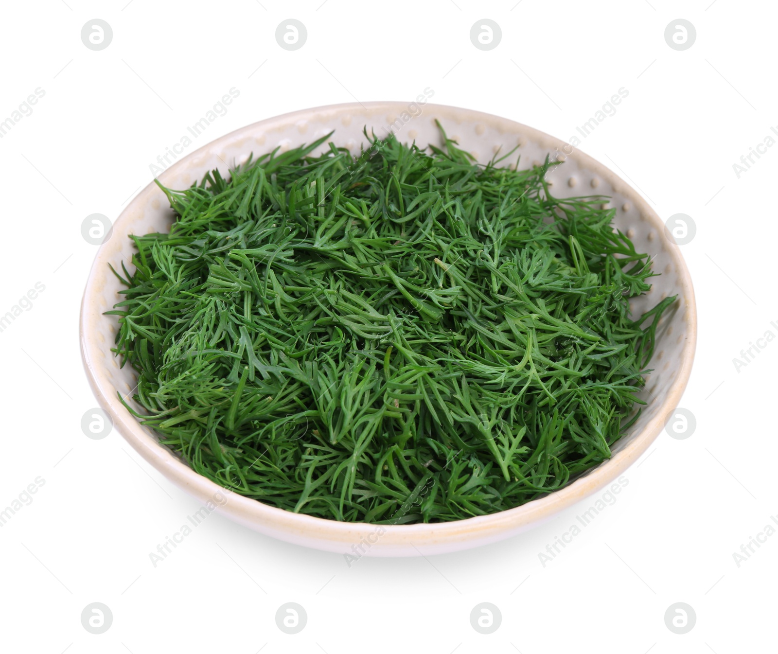 Photo of Fresh dill in bowl isolated on white