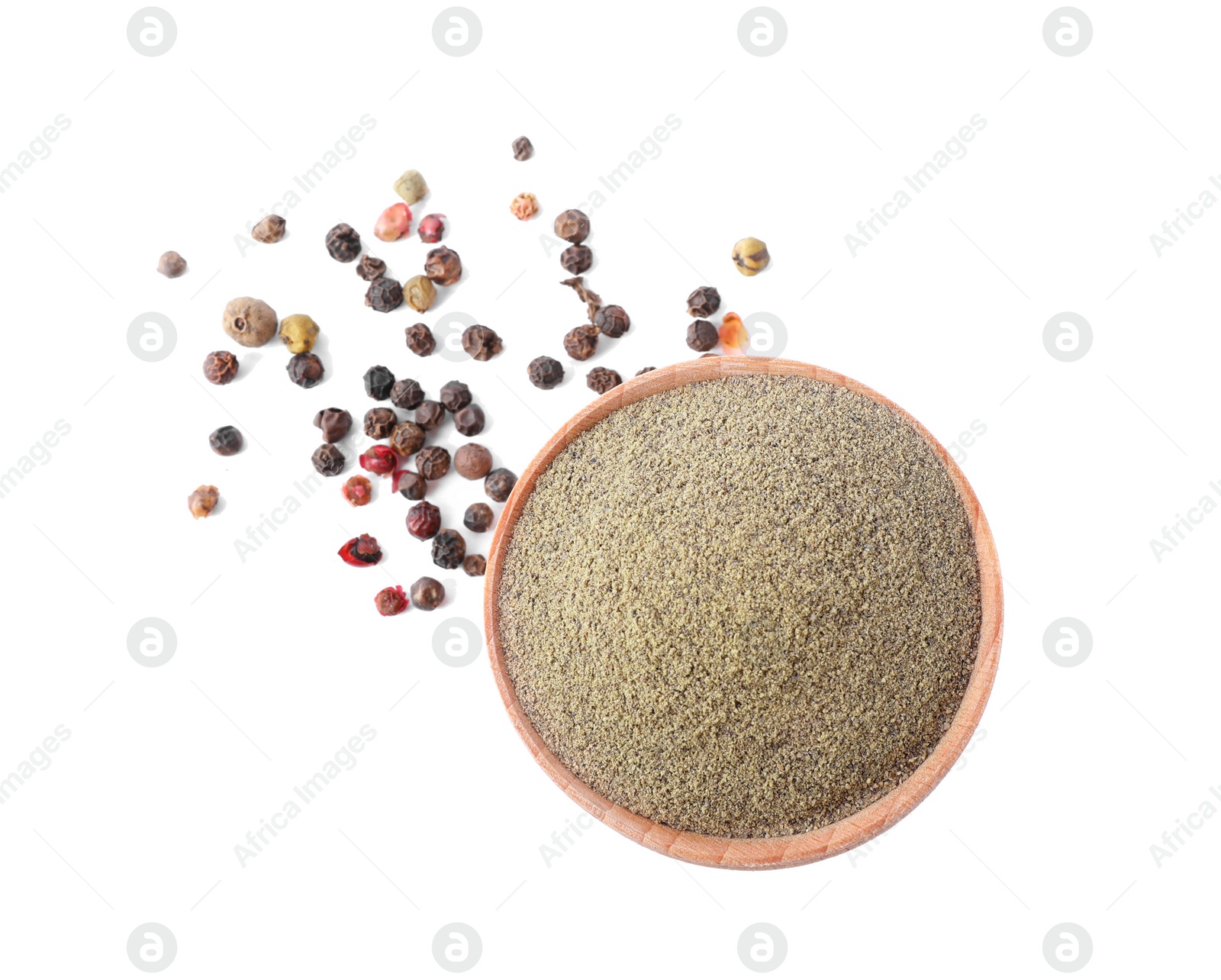 Photo of Peppercorn and milled pepper in wooden bowl isolated on white, top view