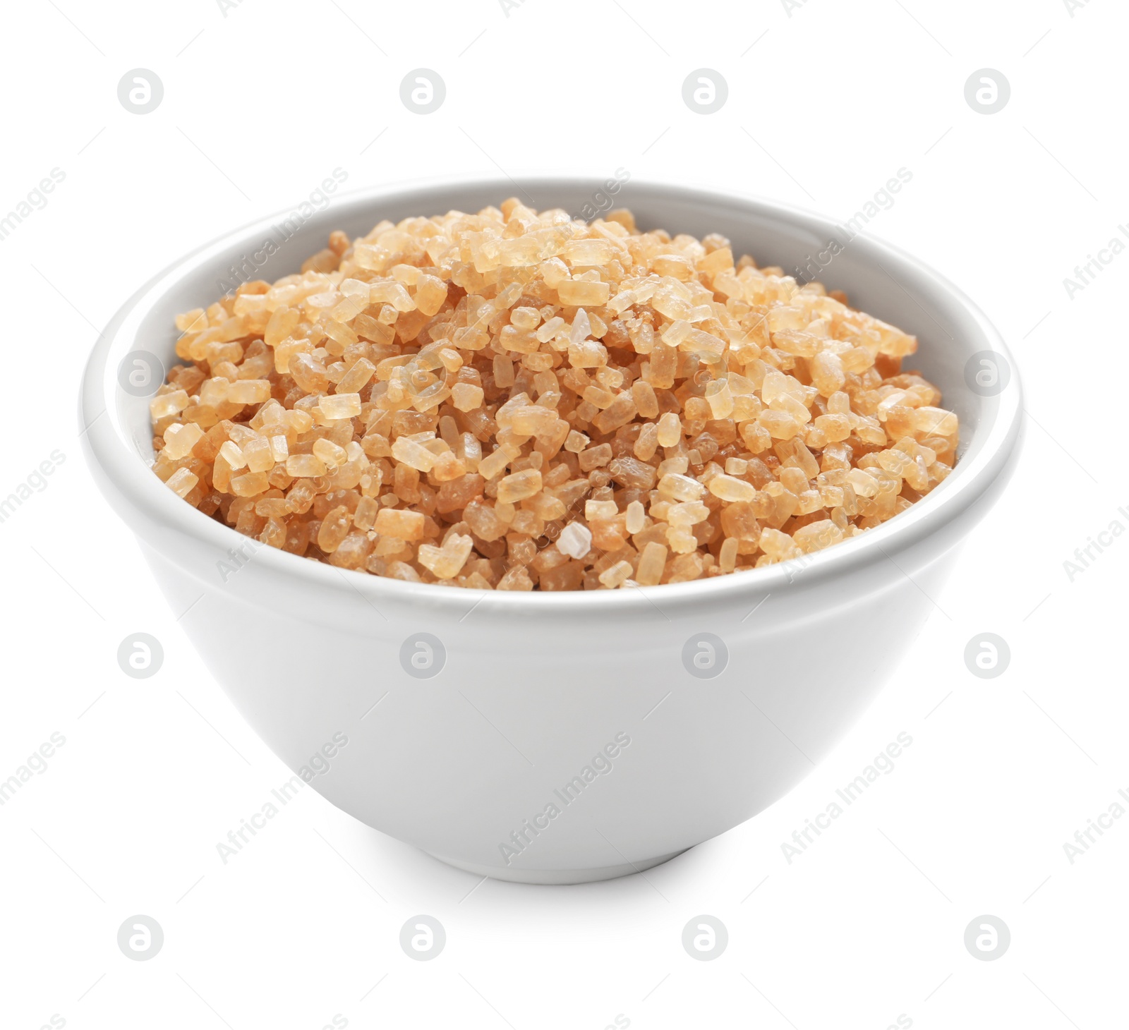 Photo of Bowl with brown sugar on white background