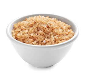 Photo of Bowl with brown sugar on white background