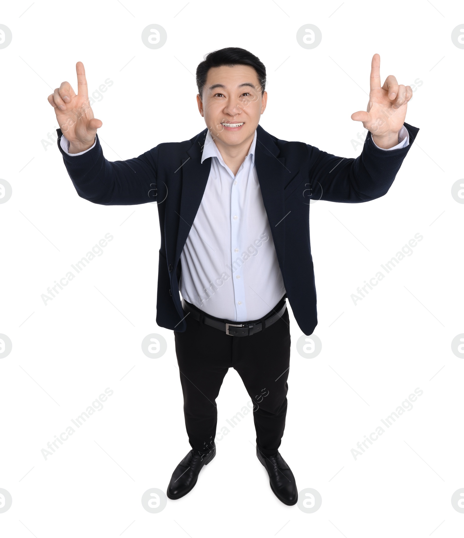 Photo of Businessman in suit posing on white background, above view