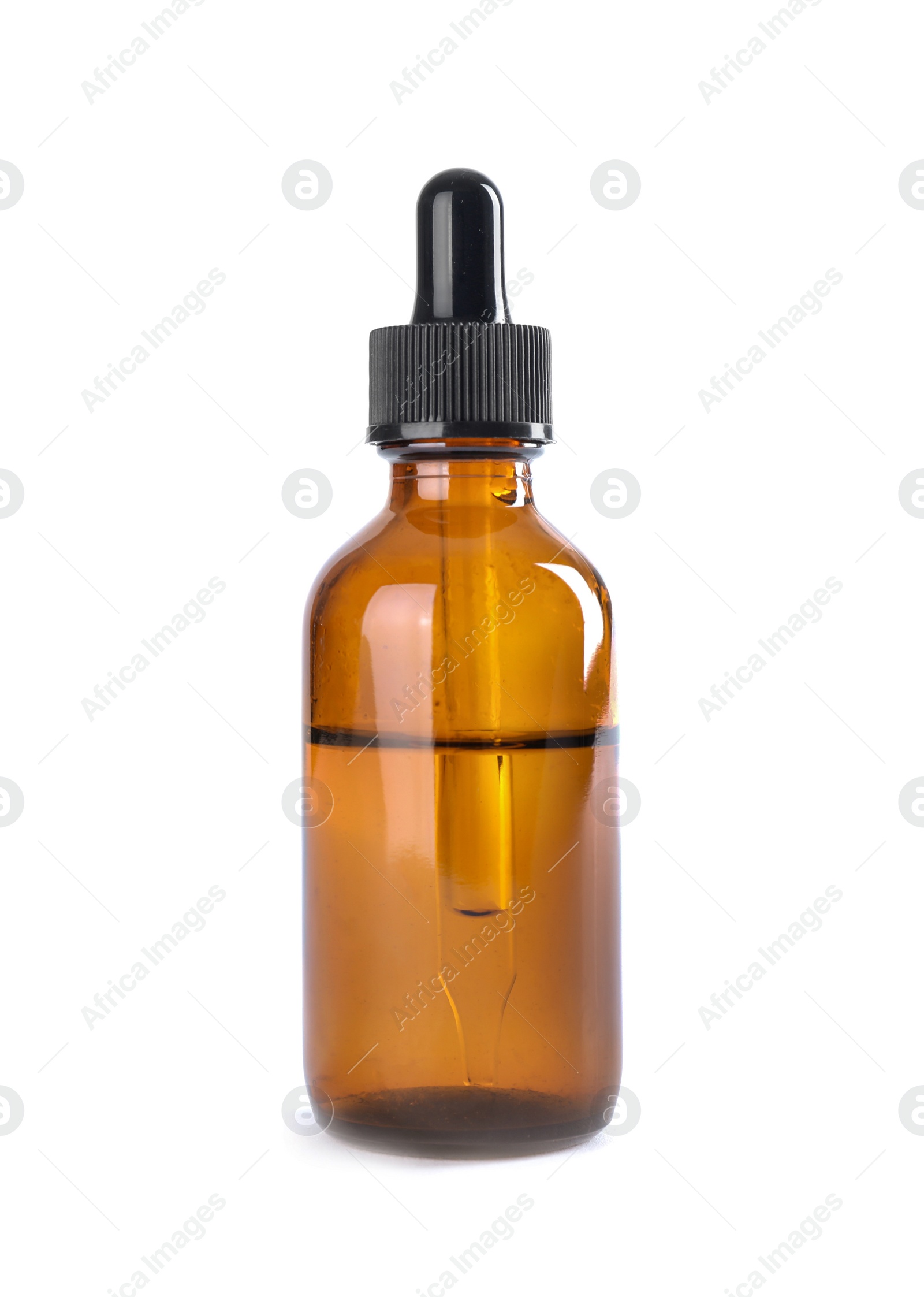 Photo of Bottle of herbal essential oil isolated on white