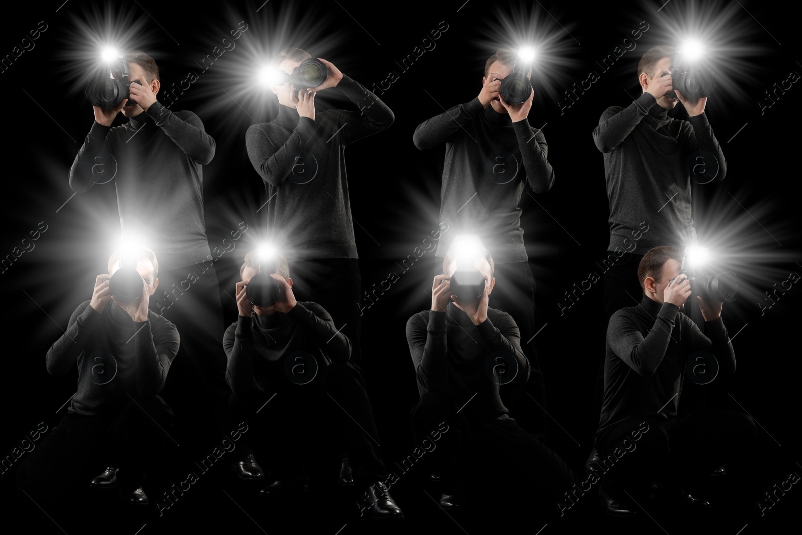 Image of Group of photographers with cameras on black background. Paparazzi taking pictures with flashes