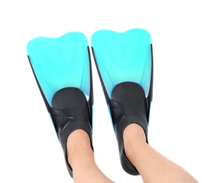 Woman wearing blue flippers on white background, closeup