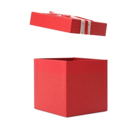 Photo of Beautiful red gift box with lid on white background