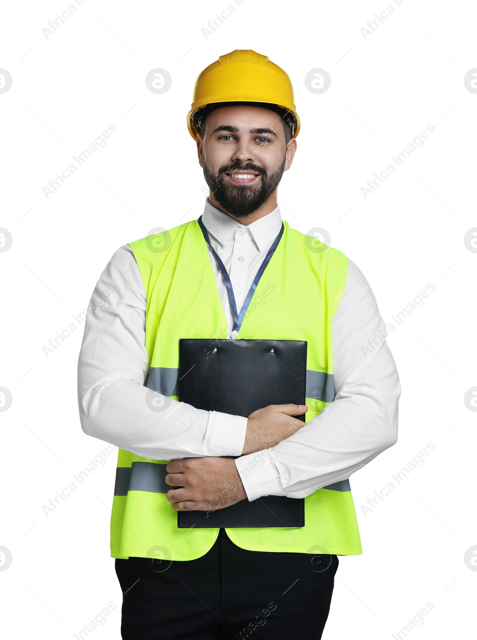 Photo of Engineer in hard hat holding clipboard on white background