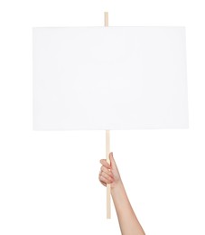 Woman holding blank protest sign on white background, closeup