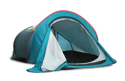 Photo of Light blue camping tent on white background