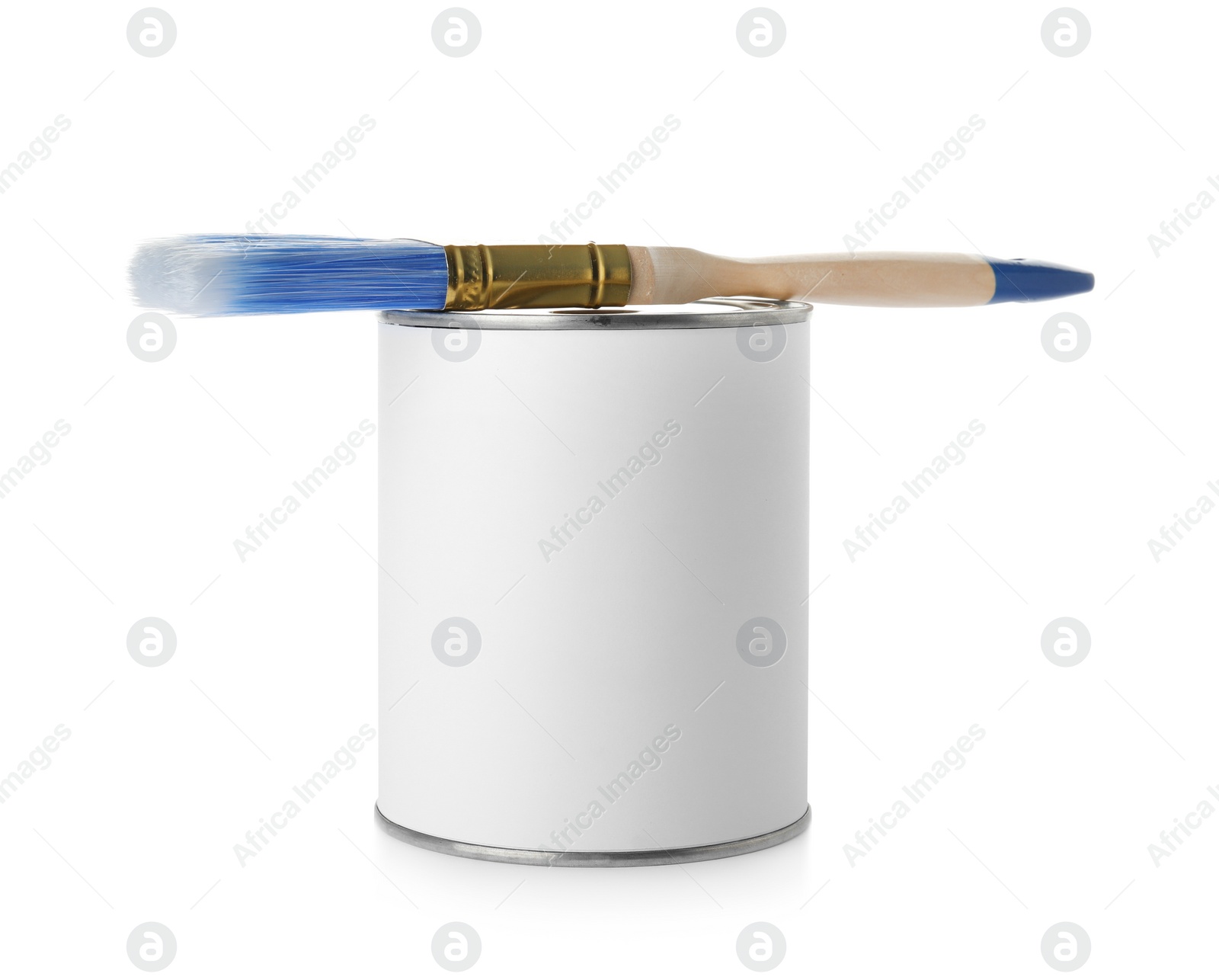 Photo of Paint can and brush on white background. Mockup for design