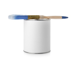 Photo of Paint can and brush on white background. Mockup for design