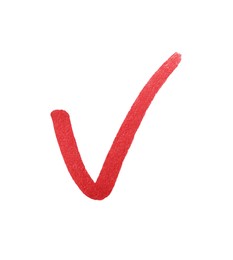 Check mark drawn with red marker isolated on white, top view