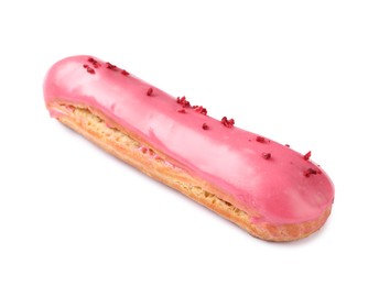 Photo of Delicious eclair covered with pink glaze isolated on white