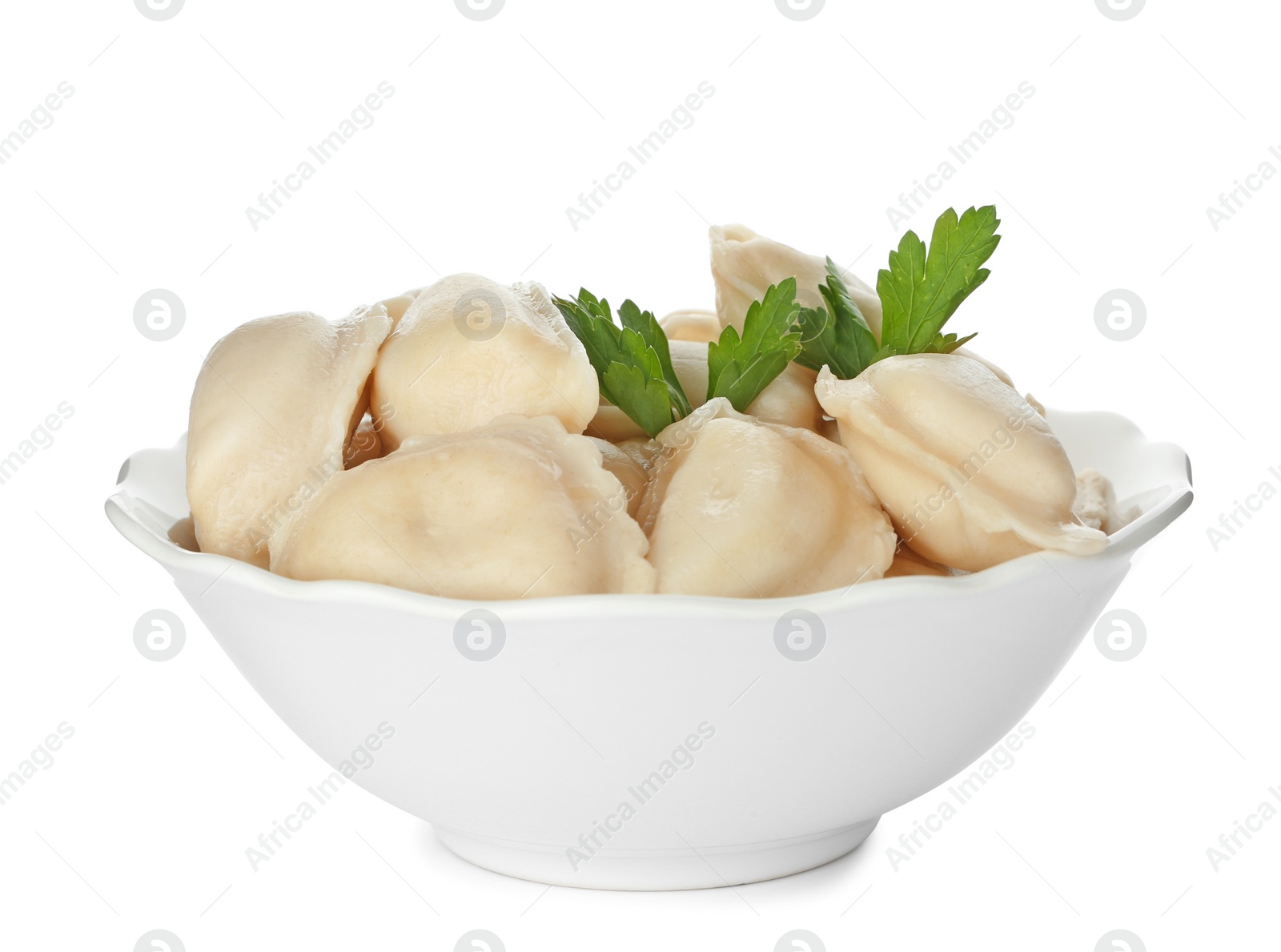 Photo of Bowl with tasty dumplings isolated on white