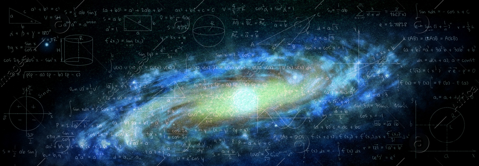 Illustration of  basic physics and mathematics formulas and galaxy in universe. Banner design