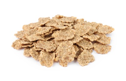 Photo of Pile of bran flakes on white background, closeup. Healthy breakfast cereal