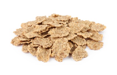 Pile of bran flakes on white background, closeup. Healthy breakfast cereal