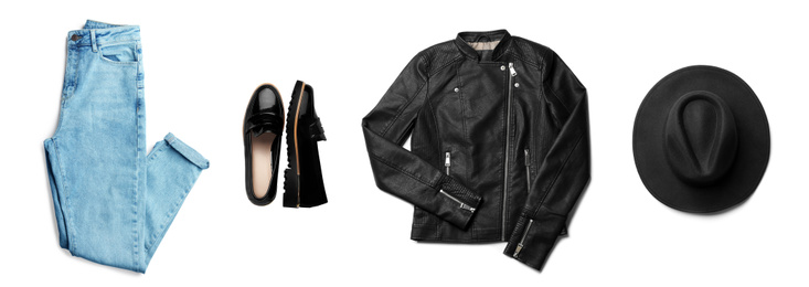 Stylish outfit with black leather jacket on white background, top view