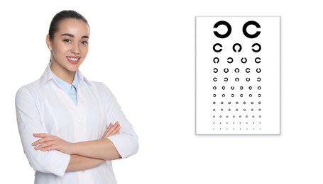 Vision test. Ophthalmologist or optometrist and eye chart on white background, banner design